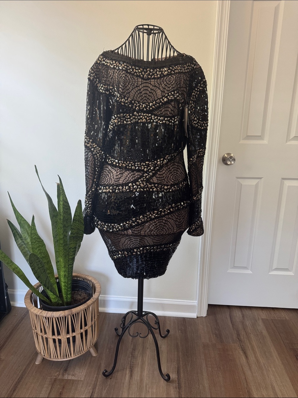 Jovani Black Sequined Lace Long Sleeve Bodycon Dress